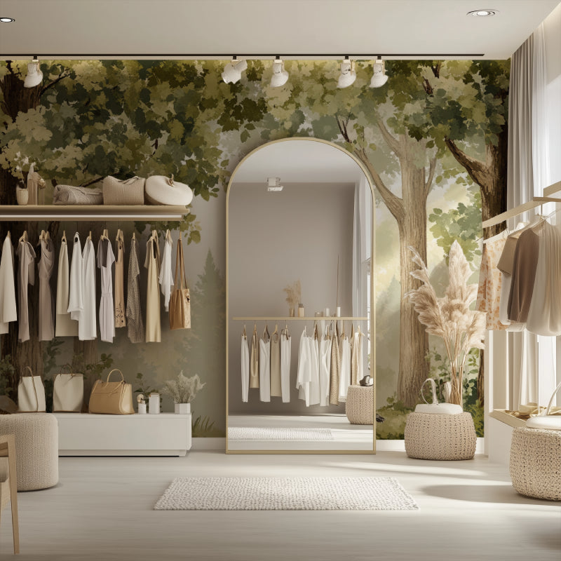 Green forest mural adding natural charm to dining room walls