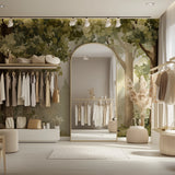 Green forest mural adding natural charm to dining room walls