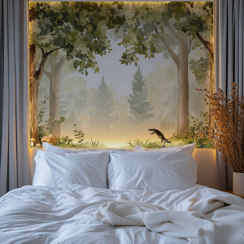 Woodland wallpaper transforming home office with serene forest scene