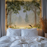 Woodland wallpaper transforming home office with serene forest scene