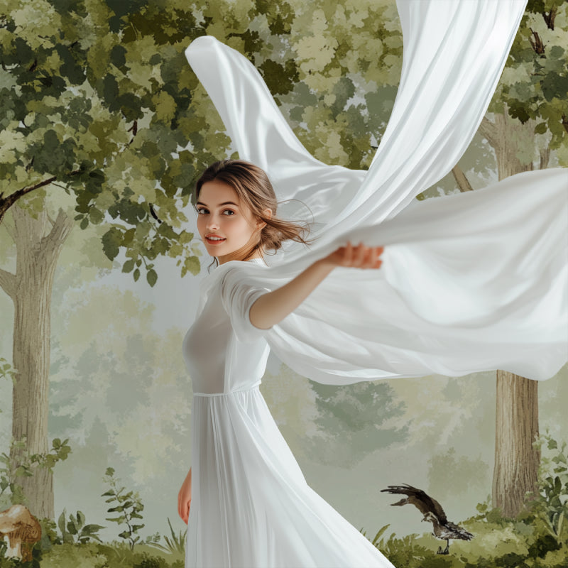 Forest scene wallpaper creating calm atmosphere in meditation room