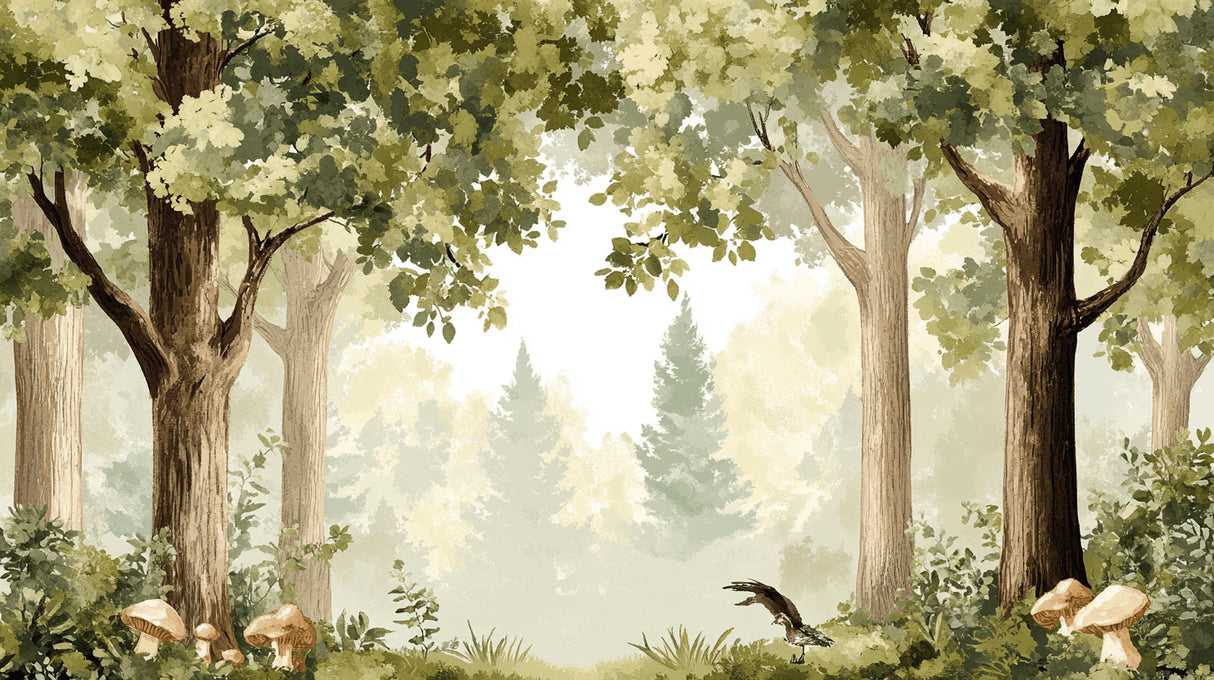 Design file showing detailed misty forest pattern with gentle bird silhouettes