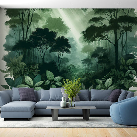 Forest wallpaper mural styled in a modern living room, showing depth and atmospheric green tones