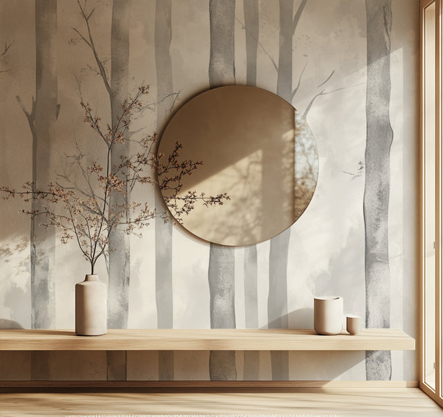 Grey forest wallpaper creating depth in modern living room with minimal furniture