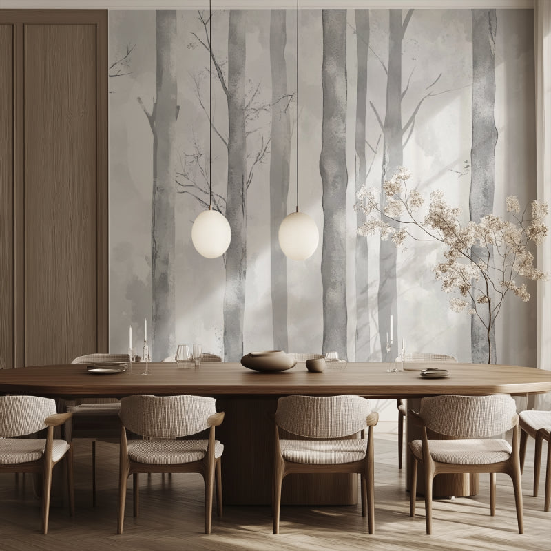 Forest wallpaper bringing nature into contemporary dining space