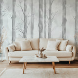 Tree silhouette wallpaper creating focal point in minimalist home office