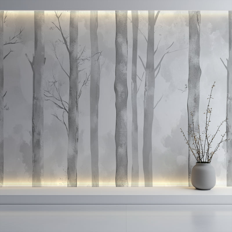 Grey tree mural enhancing meditation room with natural light