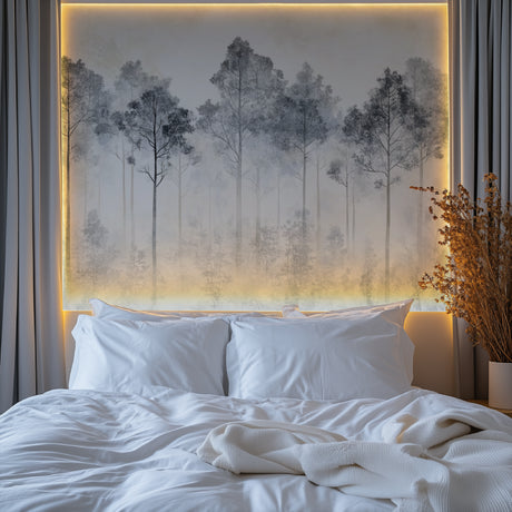 Forest mural wallpaper creating depth in modern living room with grey furniture and natural light