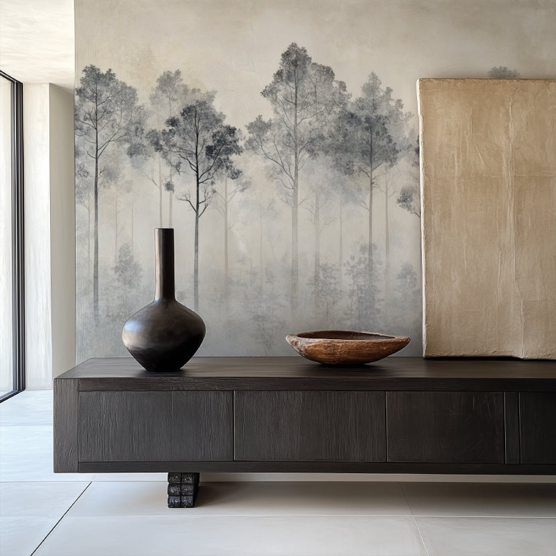 Misty forest wallpaper in minimal bedroom setting with white bedding