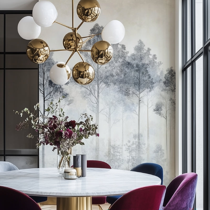 Grey tree mural adding character to home office space with desk setup