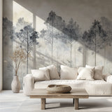 Forest tree wallpaper in dining room showing scale and atmosphere