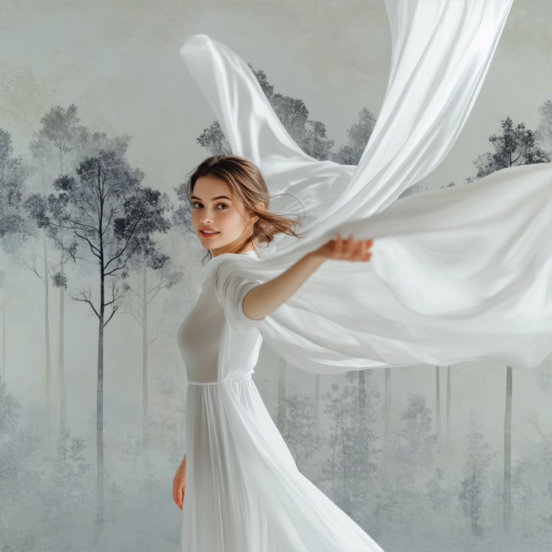Misty forest mural creating focal point in hallway with natural lighting