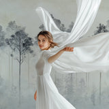 Misty forest mural creating focal point in hallway with natural lighting