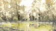 Forest lake wallpaper mural in modern living room, creating depth with golden morning light reflections