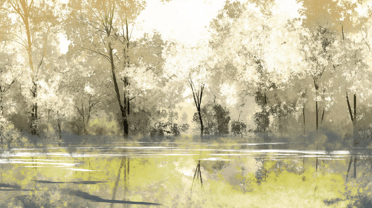Forest lake wallpaper mural in modern living room, creating depth with golden morning light reflections