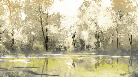 Forest lake wallpaper mural in modern living room, creating depth with golden morning light reflections