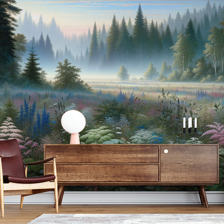 Forest landscape wallpaper creating depth in a modern living room, morning light filtering through the misty pine trees scene