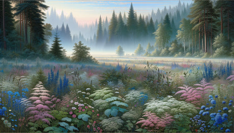 Misty forest wallpaper design file showing detailed pine trees and meadow landscape pattern