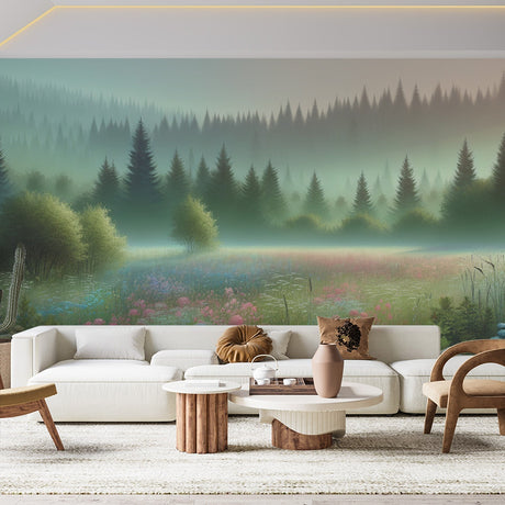 Forest meadow wallpaper mural creating a dreamy atmosphere in a bright living room with modern furniture
