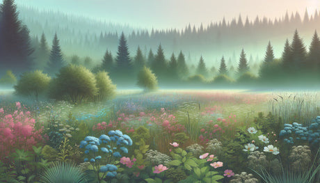 Misty forest wallpaper design file showing delicate wildflowers in morning fog