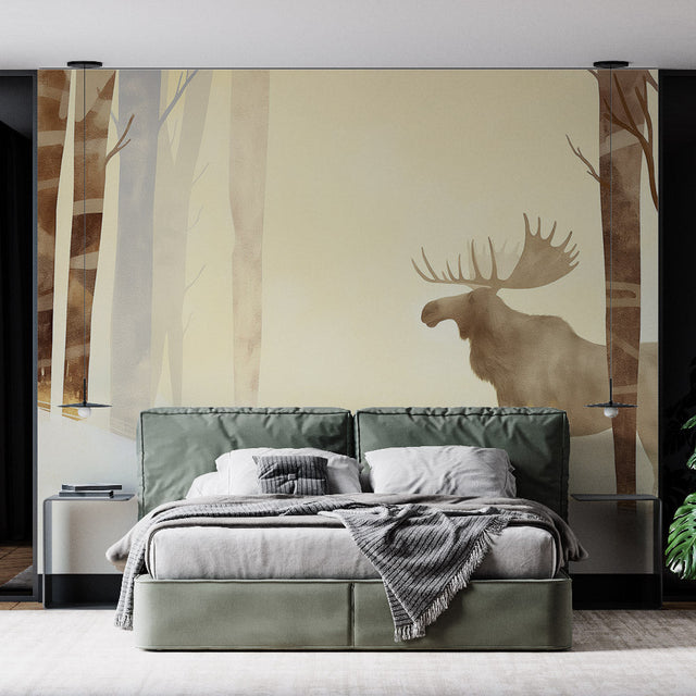 Forest Mural Wallpaper with moose silhouette creating depth in a modern living room with gray sofa