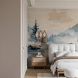 Mountain lake wallpaper in modern living room, showing misty forest scene creating depth