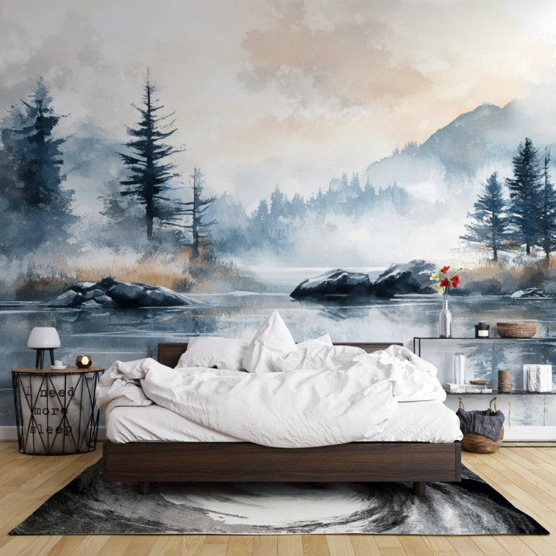Forest landscape mural in cozy bedroom with morning light highlighting misty mountains