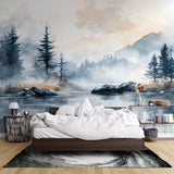 Forest landscape mural in cozy bedroom with morning light highlighting misty mountains