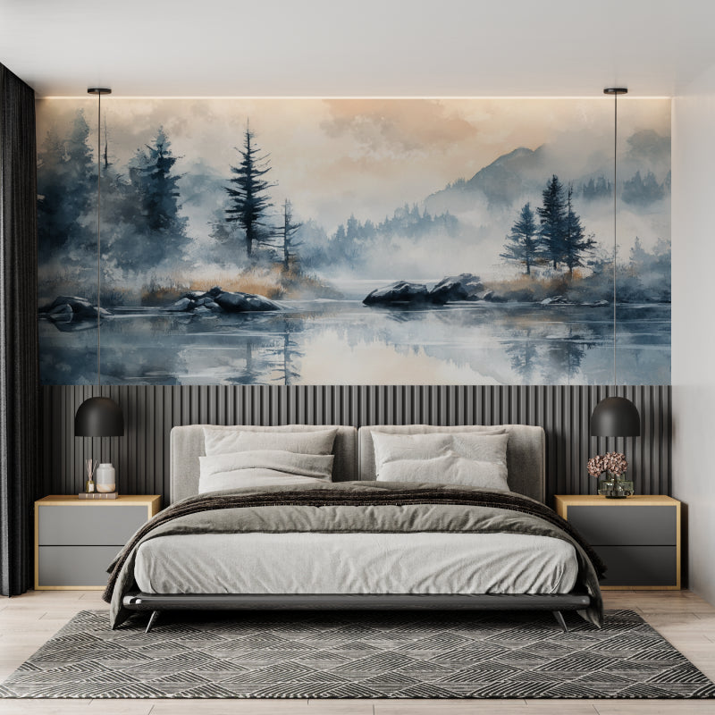 Misty forest wallpaper creating serene atmosphere in home office space