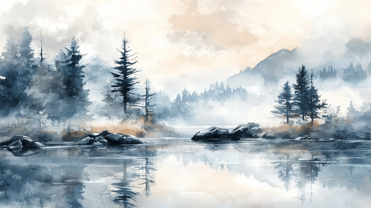 Mountain lake wallpaper design file showing detailed misty forest and water pattern