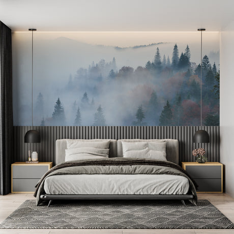 Mountain forest wallpaper in a modern living room creating depth and serenity