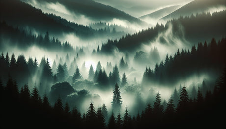 Misty forest wallpaper creating depth in modern living room with morning light filtering through the trees