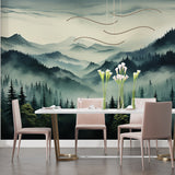 Misty forest wallpaper adding natural feel to home office space