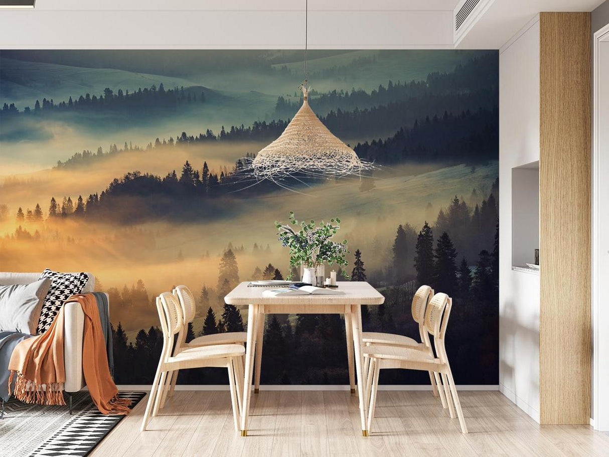 Mountain forest wallpaper mural styled in modern living room, showing misty sunrise scene adding depth and warmth