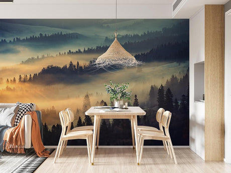 Mountain forest wallpaper mural styled in modern living room, showing misty sunrise scene adding depth and warmth