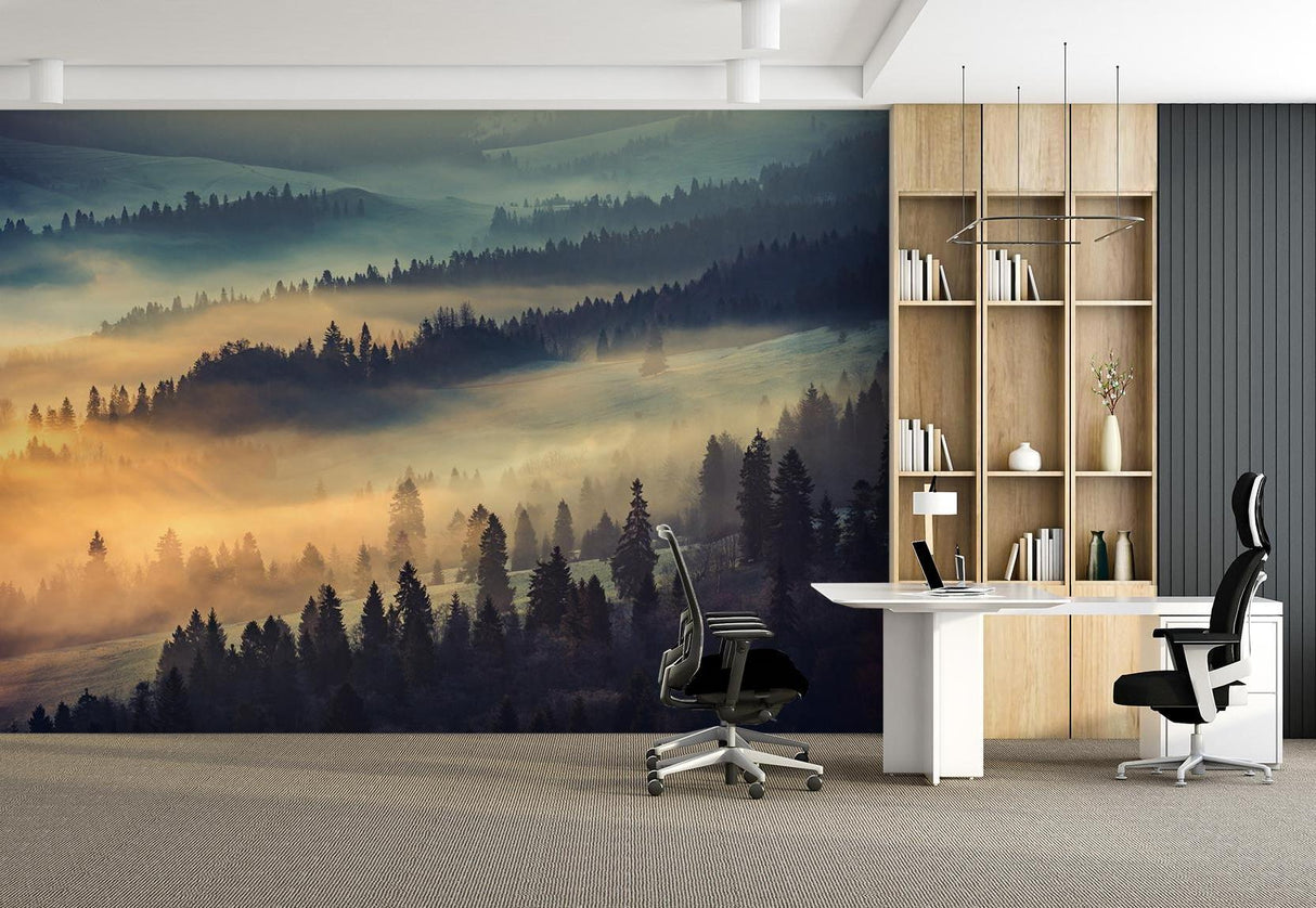 Bedroom featuring forest landscape wallpaper with morning mist and golden sunlight creating peaceful atmosphere