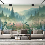 Forest landscape wallpaper with wildflowers creating a calming atmosphere in a bright modern living room setting