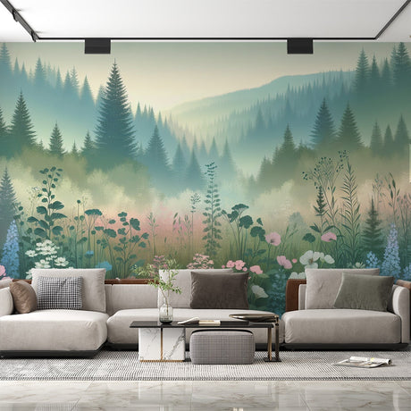 Forest landscape wallpaper with wildflowers creating a calming atmosphere in a bright modern living room setting