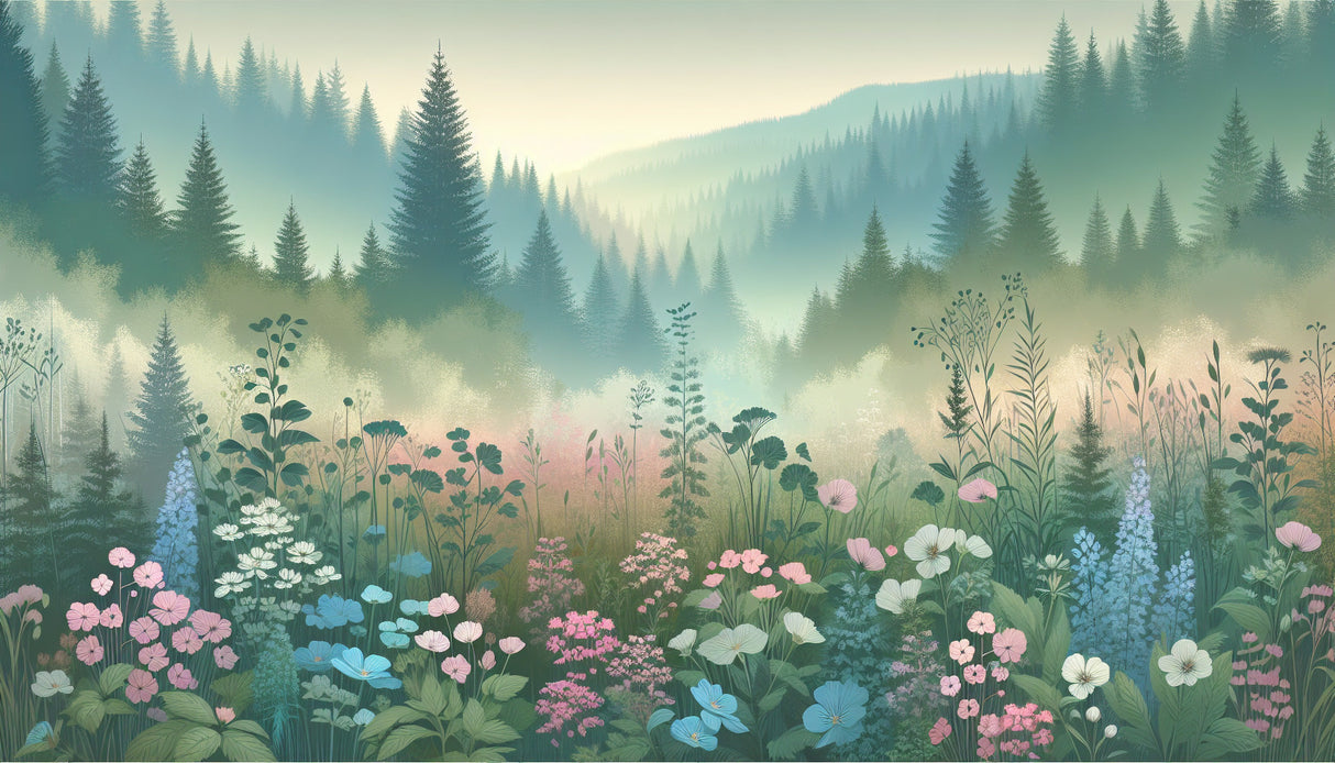 Mountain forest wallpaper design file showing misty peaks and delicate wildflower meadow pattern