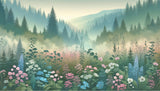 Mountain forest wallpaper design file showing misty peaks and delicate wildflower meadow pattern