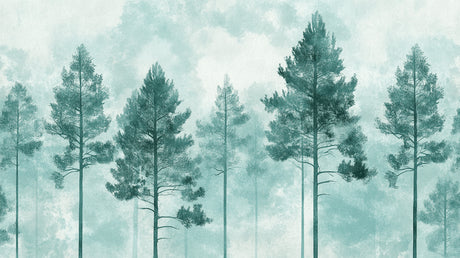 Pine forest wallpaper design file showing misty morning scene with towering trees