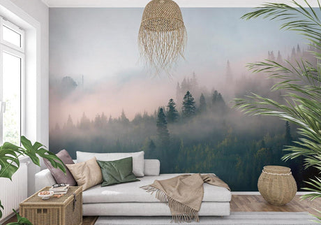 Misty forest wallpaper creating depth in modern living room, morning light filtering through pine trees