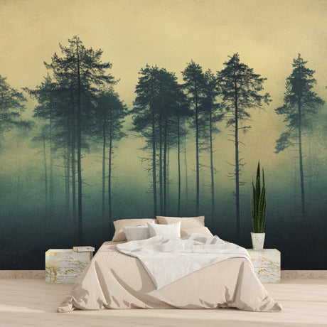 Forest mural wallpaper creating depth in modern living room with morning light streaming through windows