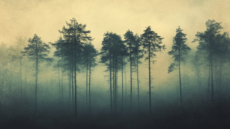 Forest wallpaper design file showing detailed misty pine trees at dawn pattern
