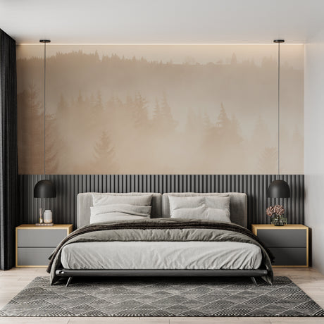 Misty forest wallpaper creating a calm atmosphere in a modern living room with natural light