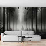 Misty forest wallpaper creating depth in a modern living room with grey furniture
