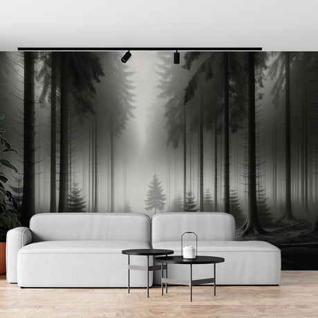 Misty forest wallpaper creating depth in a modern living room with grey furniture