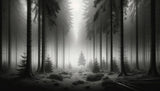 Black and grey forest mural adding atmosphere to a minimal bedroom setup