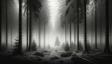 Black and grey forest mural adding atmosphere to a minimal bedroom setup