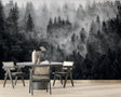 Monochrome Forest Mural Wallpaper creating depth in modern living room with minimalist furniture